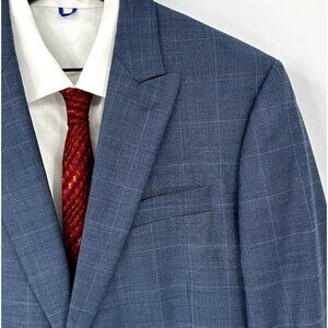 STAFFORD jacket blazer sport coat travel stretch windowpane plaid mid blue 42L